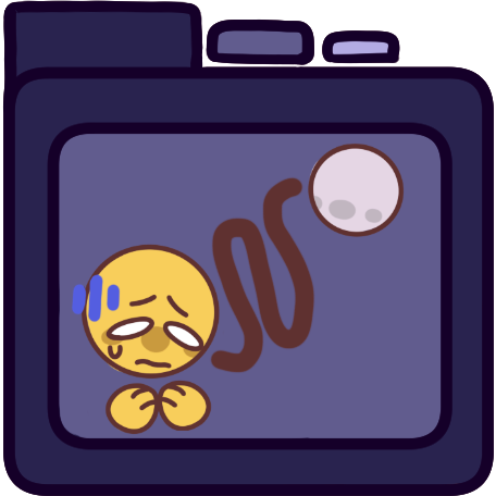 A purple file folder with a distressed person on it. A squiggly line goes from the distressed person to another person.